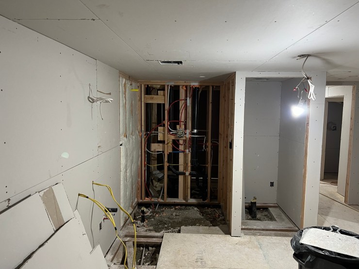 Drywall closed up with an open closet alcove during the primary bathroom remodel